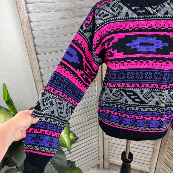 90s Neon Pink Purple Black Knitted Cozy Mount Cervin Sweater Size Large - Picture 5 of 7